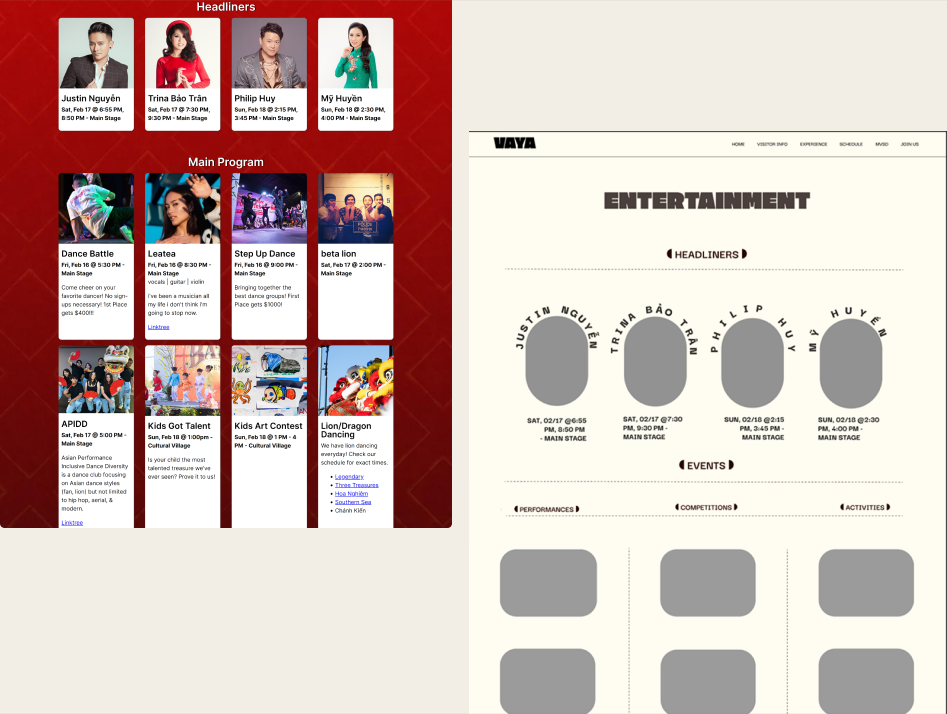 Original SD Tet Festival headliners and main program page — text-heavy lists of acts and events with little visual hierarchy.
