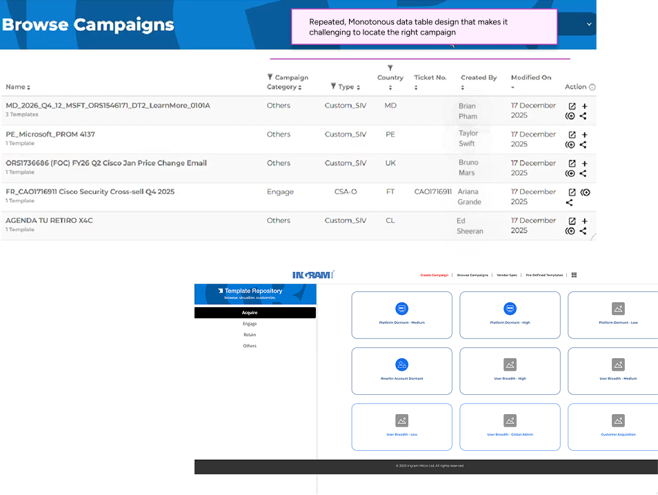 Browse Campaigns screen with repetitive rows and icons making campaigns hard to locate.
