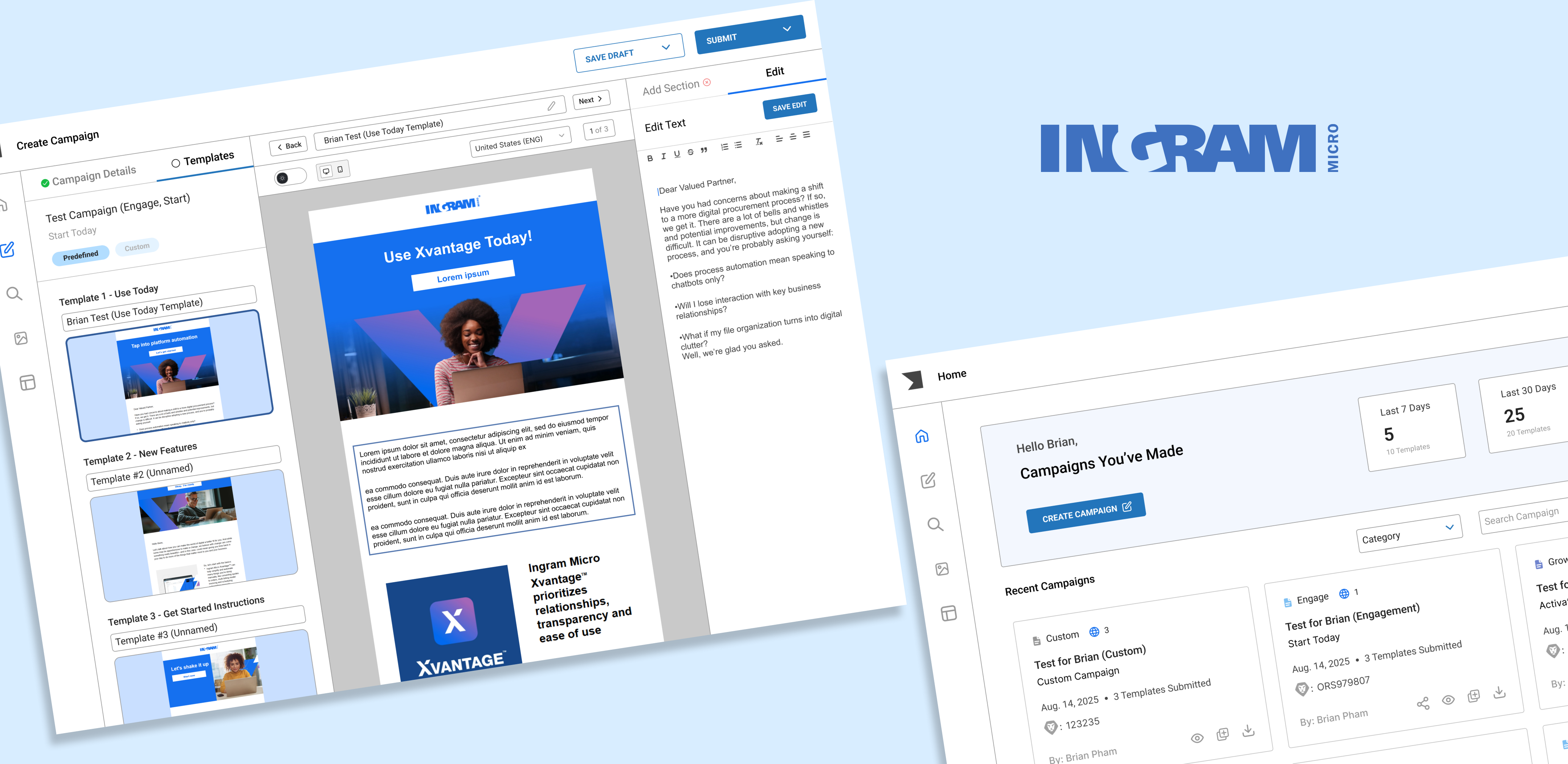 Ingram Micro email marketing platform — campaign dashboard and template builder mockups tilted on a light blue backdrop with the Ingram Micro logo.