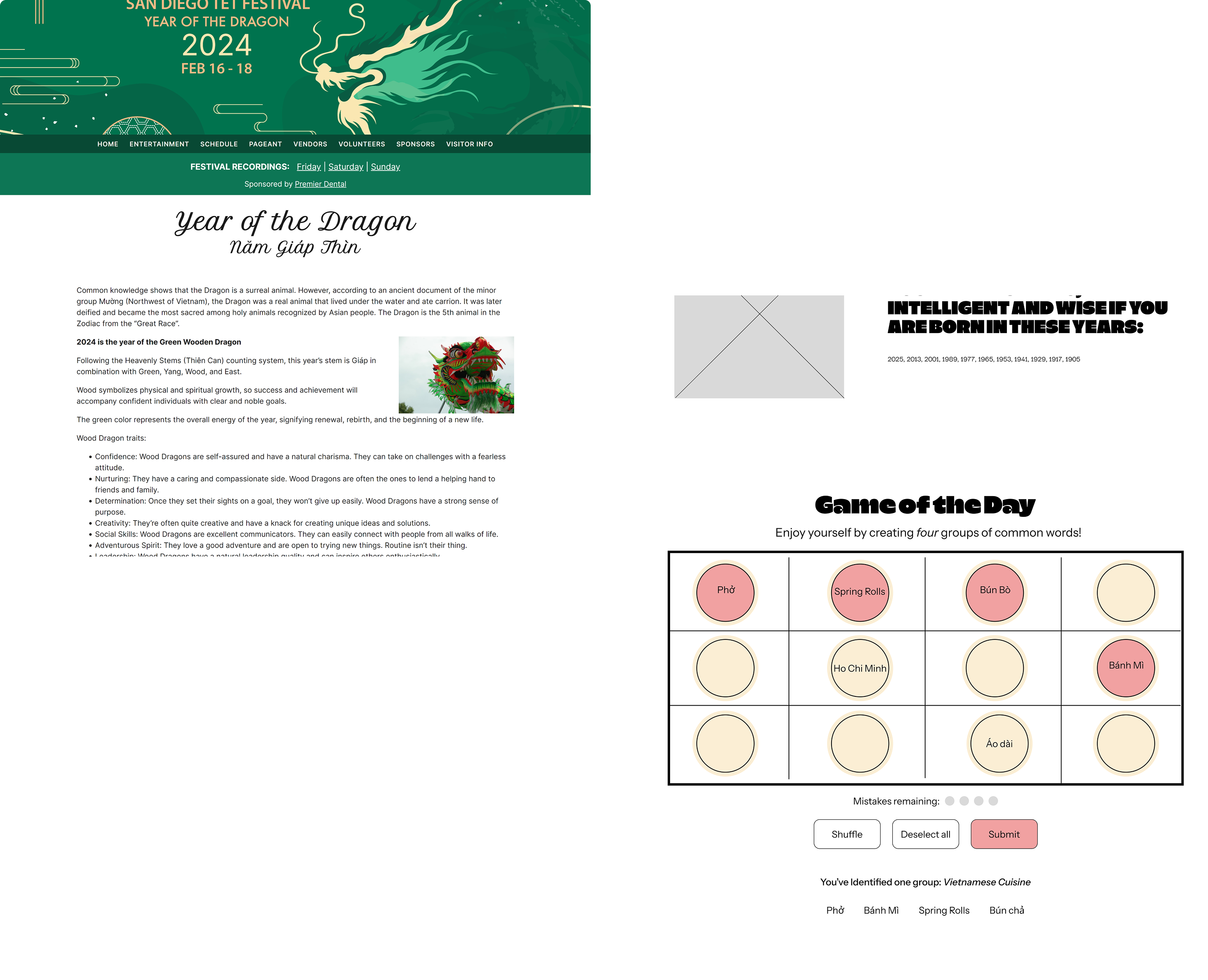 Two design concepts side by side — original Year of the Dragon homepage on the left and the first Connections Game design concept on the right.