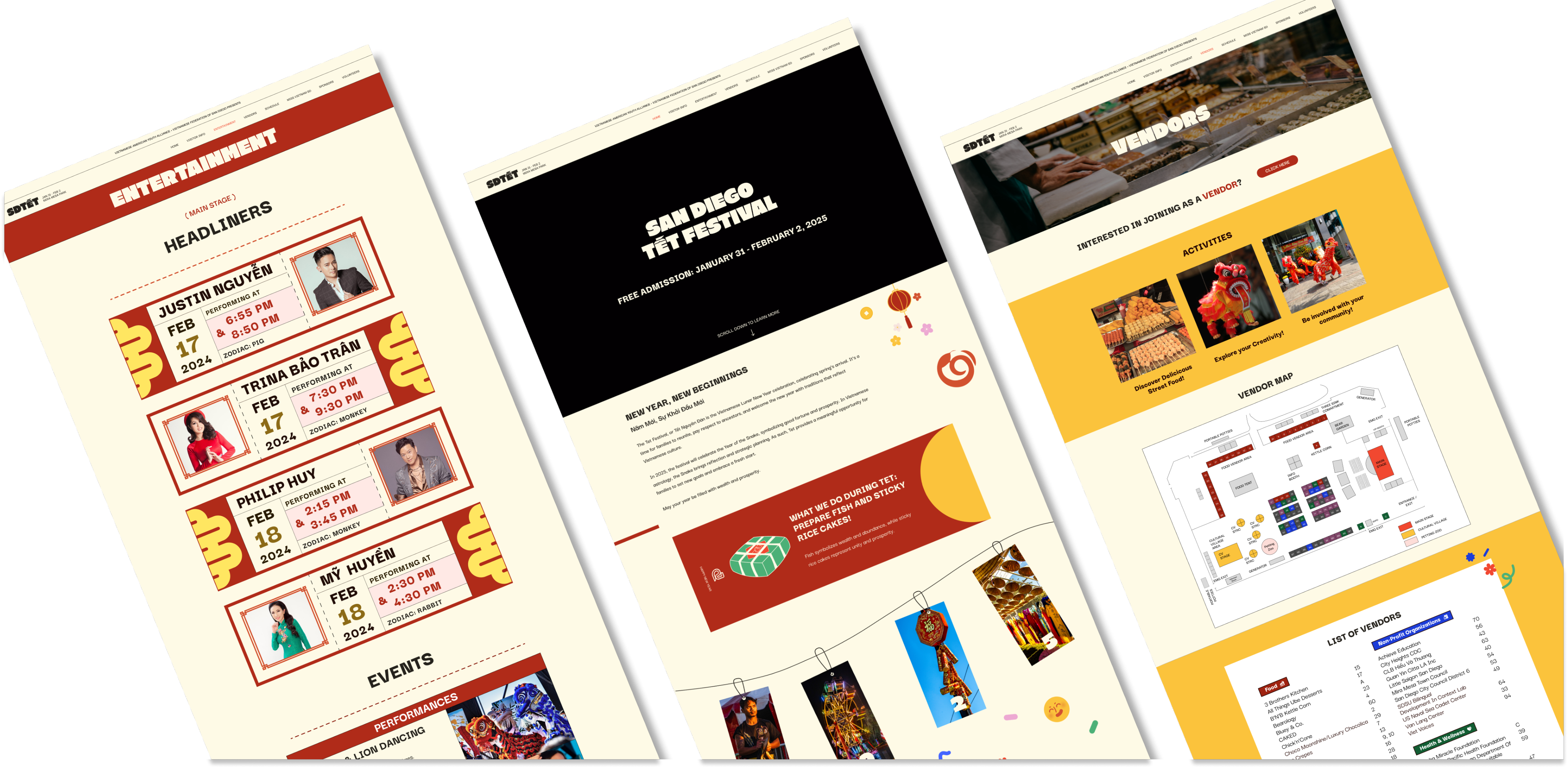 San Diego Tet Festival website preview — entertainment headliners page, hero landing page with festival dates, and vendors page mockups arranged on a dusty rose backdrop.