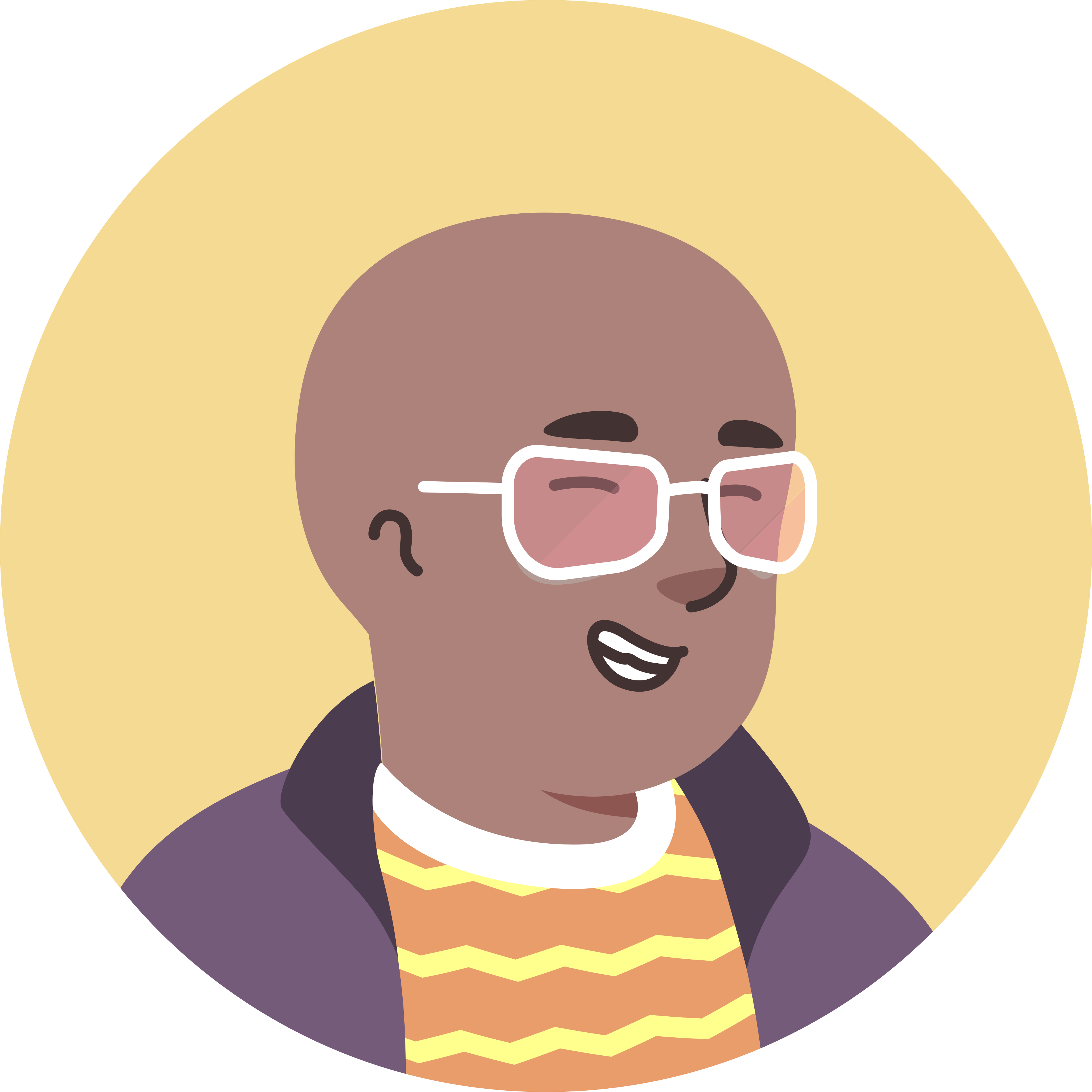 Illustration of a festival vendor — person with glasses wearing a yellow striped apron.